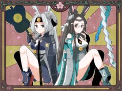  2girls animal_ears azur_lane back-to-back black_hair black_necktie black_socks blue_eyes blue_kimono breasts bridal_gauntlets character_name cherry_blossoms clothing_cutout coat commentary_request glasses gloves green_skirt gunbai hair_intakes hair_ornament hair_rings hand_fan headband highres hiryuu_(azur_lane) hiryuu_(retrofit)_(azur_lane) holding holding_fan japanese_clothes kikumon kimono knees_up long_hair long_sleeves looking_at_viewer medium_breasts mikuri_kamazirou multiple_girls necktie parted_bangs parted_lips ponytail rabbit_ears round_eyewear rudder_footwear shide short_necktie shoulder_cutout sidelocks signature sitting skirt socks souryuu_(azur_lane) souryuu_(retrofit)_(azur_lane) war_fan white_hair white_socks wide_sleeves 