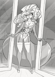  2022 anthro breasts chloe_sinclaire cleavage clothed clothing conditional_dnp corset double_door female footwear garter_belt garter_straps greyscale high_heels jollyjack legwear lingerie looking_at_viewer mammal mephitid monochrome skunk solo stockings topwear 