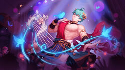  2boys abs artist_request bad_source bare_pectorals belt biceps bird blue_eyes blue_hair building chains collar column flower gany_(gyee) gyee hand_on_own_shoulder harem_pants harp instrument laurel_crown loincloth looking_at_viewer male_focus multiple_boys muscular muscular_male musical_note musso_(gyee) official_art pants pectorals pillar skirt smile stage stage_lights toga 