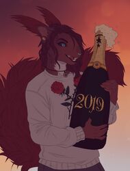  2019 alcohol anthro beverage blue_eyes brown_hair caicyo champagne clothed clothing ear_piercing ear_ring eurasian_red_squirrel facial_piercing female flower hair hi_res holidays jewelry mammal necklace new_year new_year_2019 nose_piercing nose_ring piercing pine_(caicyo) plant ring_piercing rodent rose_(flower) sciurid septum_piercing shirt solo topwear tree_squirrel 