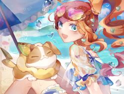  alternate_costume beach beach_umbrella blush cloud coco7 commentary day eyewear_on_head female galarian_slowpoke hair_ornament headpat heart heart_hair_ornament long_hair looking_at_viewer looking_back nail_polish open_mouth orange_hair outdoors pokemon pokemon_(creature) pokemon_swsh shore side_ponytail sky smile sonia_(pokemon) staryu sunglasses umbrella yamper 