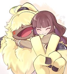  :3 ^_^ angoramon belt black_belt blunt_bangs brown_hair chinese_commentary closed_eyes digimon digimon_(creature) digimon_ghost_game female highres hug hug_from_behind long_hair open_mouth smile tied_ears tsukiyono_ruli v youzaiyouzai112 