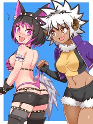  2girls @_@ ^^^ animal_ears armband ass back bikini bikini_bottom_lift bikini_under_clothes black_footwear black_gloves black_hair black_legwear black_shorts blue_background blush bob_cut boots border breasts butt_crack clothes_lift commentary commission cougar_(cougar1404) cropped_jacket dark-skinned_female dark_skin ear_piercing elbow_gloves fingerless_gloves frilled_armband frills fur-trimmed_shirt fur-trimmed_shorts fur_trim garter_straps gloves hairband halterneck horns jacket lifting_another&#039;s_clothes long_sleeves looking_at_another looking_at_viewer looking_back medium_breasts micro_shorts midriff_peek mole mole_under_eye motion_lines multicolored_hair multiple_girls oerba_yun_fang open_clothes open_jacket open_mouth orange_eyes orange_shirt original outside_border piercing pink_bikini pink_eyes pink_hair purple_jacket sheep_horns shirt short_hair shorts smile spiked_hair spiked_hairband spikes standing streaked_hair swimsuit swimsuit_lift tail thigh_boots thighhighs thong_bikini wedgie white_border white_hair wolf_ears wolf_tail 