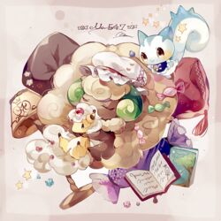  ampharos book candy_wrapper coco7 commentary cushion lamp no_humans pachirisu pokemon pokemon_(creature) star_(symbol) whimsicott 