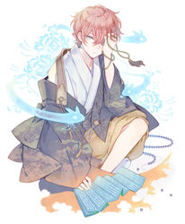  1boy beads blue_eyes closed_mouth commentary floral_background flower full_body hand_over_eye highres indian_style japanese_clothes kuroyuki long_sleeves male_focus off_shoulder one_eye_covered original paper pink_hair short_hair sitting sleeves_past_wrists solo spider_lily spirit symbol-only_commentary tabi tassel white_background 