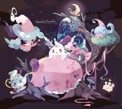  allister_(pokemon) character_doll coco7 commentary crescent_moon english_commentary frills galarian_corsola hatenna hattrem holding holding_wand milcery moon mushroom no_humans pillow pokemon pokemon_(creature) pokemon_swsh polteageist red_eyes tree under_covers wand window 