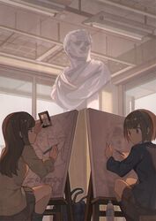  2girls bag black_eyes bottle brown_hair bust_(sculpture) canvas_(object) closed_mouth drawing eraser holding holding_pencil indoors looking_at_another looking_up multiple_girls original pencil school_bag sitting skirt tomioka_jirou water_bottle window 