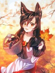  absurdres animal_ears autumn autumn_leaves basket brown_hair dress dungeon_toaster female food fruit gem grapes hair_between_eyes hands_up highres imaizumi_kagerou jewelry leaf long_hair long_sleeves looking_at_viewer maple_leaf mushroom oerba_yun_fang open_mouth orange_eyes red_dress red_nails shadow smile solo sweet_potato tail touhou tree white_dress white_sleeves wide_sleeves wolf_ears wolf_tail 