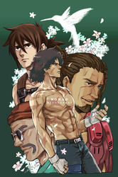  4boys abs beard belt bird black_pants brown_eyes brown_hair chief_(megalo_box) clenched_hand collarbone copyright_name dark-skinned_male dark_skin dreadlocks egg_(cknlun) exoskeleton facial_hair fingerless_gloves flower gear_(megalo_box) gloves green_background hair_between_eyes highres hummingbird joe_(megalo_box) male_focus megalo_box moustache multiple_boys nanbu_gansatsu navel pants petals sachio_(megalo_box) scar scar_on_arm scar_on_cheek scar_on_chest scar_on_face scars_all_over too_many topless_male 