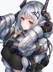  arknights black_gloves black_sports_bra breasts closed_mouth demon_horns female gloves hood hood_down hooded_jacket horns jacket large_breasts long_hair mudrock_(arknights) mudrock_(elite_ii)_(arknights) open_clothes open_jacket red_eyes simple_background snm_(sunimi) solo sports_bra upper_body white_background white_hair white_jacket 