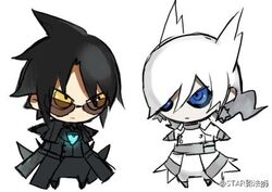  2boys black_hair blue_eyes chibi coat commentary copyright_name long_hair lowres male_focus multiple_boys personification photoshop_(medium) pokemon pokemon_(creature) reshiram sunglasses white_hair yara_kami_meiosei yellow_eyes zekrom 