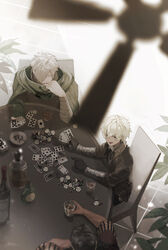  3boys alcohol ashtray bandaged_arm bandages billy_the_kid_(fate) black_gloves black_hair blurry bottle braid card ceiling_fan chair cigarette cloak closed_eyes commentary_request cup dark-skinned_male dark_skin deck_of_cards elbows_on_table fate/grand_order fate_(series) fingernails geronimo_(fate) glint gloves green_cloak hair_between_eyes hair_over_one_eye hakoito half-closed_eyes hand_fan highres holding holding_card holding_cup long_hair male_focus multiple_boys parted_lips plant playing_card playing_games pointing poker_chip potted_plant robin_hood_(fate) signature sitting sleeves_rolled_up smile table tongue tongue_out torn_cloak torn_clothes vambraces 