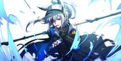  absurdres animal_ears arknights armband blood blood_from_mouth blood_in_hair blood_on_face blue_gloves chinese_commentary commentary_request female gauntlets gloves grani_(arknights) grey_hair hand_up highres holding holding_polearm holding_weapon horse_ears jacket long_hair looking_at_viewer one_eye_closed polearm purple_eyes simple_background solo spear upper_body visor_cap weapon white_background yumuto_(spring1786) 