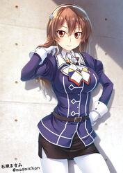  artist_name ascot ashigara_(kancolle) ashigara_kai_ni_(kancolle) black_skirt breasts brown_eyes brown_hair commentary_request cowboy_shot elbow_gloves female gloves hairband ishihara_masumi kantai_collection large_breasts long_hair military military_uniform multicolored_neckerchief neckerchief pantyhose pencil_skirt print_neckerchief skirt solo twitter_username uniform wavy_hair white_gloves white_neckerchief 