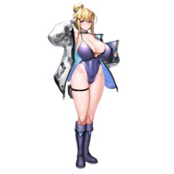  armpits blonde_hair blue_footwear blue_gloves blue_one-piece_swimsuit blush boots breasts bumcha character_name choker cleavage collarbone covered_navel female fingerless_gloves full_body gloves groin habetrot_(last_origin) hair_bun hair_ornament hairclip highleg highleg_swimsuit highres holding holding_tablet_pc huge_breasts jacket last_origin looking_at_viewer name_tag official_alternate_costume official_art one-piece_swimsuit open_clothes open_jacket pen pouch purple_eyes salute sidelocks single_hair_bun skindentation smile solo sweat swimsuit swimsuit_under_clothes tablet_pc thick_thighs thigh_pouch thighs third-party_source transparent_background 