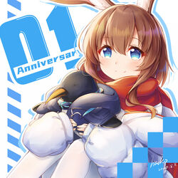  amiya_(arknights) amiya_(fresh_fastener)_(arknights) animal_ears anniversary arknights artist_name bird blue_eyes brown_hair commentary_request dated doll female hacko hair_between_eyes holding holding_doll jacket long_sleeves looking_at_viewer official_alternate_costume penguin rabbit_ears red_scarf scarf sidelocks smile solo stuffed_animal stuffed_toy white_background white_jacket 