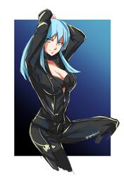  arms_up belt blue_hair bodysuit breasts center_opening cleavage closed_mouth collar devil_summoner:_soul_hackers devil_summoner_(series) female gin&#039;oya highres long_hair looking_at_viewer nemissa smile solo yellow_eyes zipper 