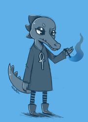  2017 4_fingers angoraram ankh anthro bea_santello blue_and_white blue_background blue_theme cigarette crocodilian digital_drawing_(artwork) digital_media_(artwork) female fingers full-length_portrait holding_cigarette holding_object monochrome night_in_the_woods portrait reptile scalie sharp_teeth signature simple_background smoking solo standing teeth 