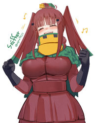  :d ^_^ at2. beamed_eighth_notes black_gloves blunt_bangs blush breasts brown_hair brown_jacket brown_skirt capelet character_name clenched_hands closed_eyes commentary_request eighth_note female gloves green_capelet green_hair hair_ornament hairclip hands_up highres jacket large_breasts layered_skirt long_hair minecraft multicolored_hair musical_note personification simple_background skirt smile sniffer_(minecraft) solo twintails twitter_username two-tone_hair white_background 