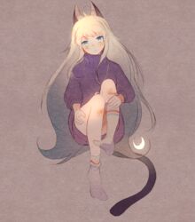  animal_ear_fluff animal_ears blue_eyes blush cat_ears cat_tail closed_mouth commentary crescent crescent_moon crescent_necklace dress english_commentary female foot_up frown gift_art grey_background hand_on_own_leg hand_on_own_thigh highres hoshi-pan jewelry long_hair looking_at_viewer moon necklace no_shoes original purple_dress purple_sweater short_dress sitting socks sweater sweater_dress tail very_long_hair white_hair white_socks 