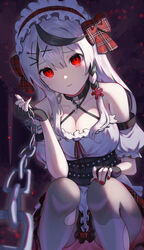  ao_ne bad_id bad_pixiv_id bare_shoulders black_collar black_gloves black_pantyhose bow breasts camisole chains cleavage collar commentary female fingerless_gloves frilled_camisole frills gloves grey_hair hair_ornament highres hololive long_hair looking_at_viewer maid_headdress multicolored_hair pantyhose plaid plaid_bow plaid_skirt pleated_skirt red_nails sakamata_chloe skirt solo streaked_hair torn_clothes torn_pantyhose virtual_youtuber white_camisole x_hair_ornament 