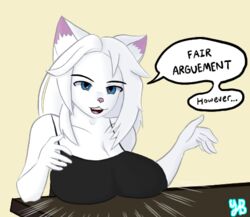  anthro big_breasts blue_eyes breasts clothed clothing devin_(yeetboi420z) domestic_cat fair_argument_(meme) felid feline felis female fur furniture hair low_res mammal meme shirt simple_background smile smirk solo table tank_top tomboy topwear white_body white_fur white_hair yeetboi420z 