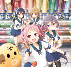  4girls :d ahoge akebono_(kancolle) animal_on_shoulder badge bandaid bandaid_on_face bell black_hair blue_sailor_collar blue_skirt brown_eyes brown_hair candy candy_store commentary_request crab cup flower food frilled_skirt frills glass hair_bell hair_bobbles hair_flower hair_ornament hairband headband jingle_bell kantai_collection long_hair multiple_girls oboro_(kancolle) open_mouth outstretched_arm pink_eyes pink_hair pleated_skirt puffy_short_sleeves puffy_sleeves purple_eyes purple_hair rabbit revision sailor_collar sazanami_(kancolle) school_uniform serafuku shop short_hair short_sleeves side_ponytail skirt smile the_yuudachi-like_creature thighhighs tile_floor tiles twintails ushio_(kancolle) ushio_kai_ni_(kancolle) very_long_hair white_hairband wristband yume_no_owari zettai_ryouiki 