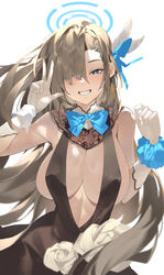  absurdres animal_ears asuna_(blue_archive) asymmetrical_bangs bare_shoulders blue_archive blue_eyes blush bow bowtie breasts cleavage commentary dress female flower grin hair_over_one_eye halo highres ktr_(tpun2553) large_breasts long_bangs long_hair looking_at_viewer no_bra one_eye_covered scrunchie slingshot_dress smile solo v very_long_hair wrist_cuffs wrist_scrunchie 