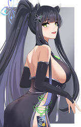  animal_ears ass bare_shoulders black_dress black_hair blue_archive blush breasts bridal_gauntlets commentary dress female from_side gaitoou green_eyes hair_ornament highres large_breasts long_hair looking_at_viewer looking_to_the_side parted_lips ponytail shun_(blue_archive) side_slit sideboob sleeveless smile solo 