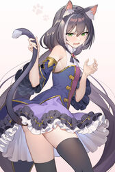  absurdres animal_ear_fluff animal_ears armpits bare_shoulders black_hair black_thighhighs cat_ears cat_girl cat_tail detached_sleeves dress female flat_chest frilled_dress frills gold_trim green_eyes hair_between_eyes highres karyl_(princess_connect!) long_hair looking_at_viewer looking_back low_twintails multicolored_hair open_mouth princess_connect! purple_dress solo standing streaked_hair tail teffish thighhighs twintails very_long_hair wide_sleeves zettai_ryouiki 