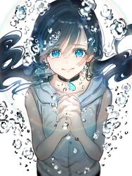  air_bubble amano_hina_(tenki_no_ko) bad_id bad_twitter_id bare_arms black_choker black_hair blue_eyes bubble choker closed_mouth collarbone commentary_request female gawako highres hood hoodie lens_flare long_hair own_hands_clasped own_hands_together simple_background sleeveless sleeveless_hoodie solo tearing_up tears tenki_no_ko twintails upper_body white_background white_hoodie 