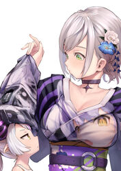  2girls belt black_choker blue_flower breasts choker collar cosplay flower green_eyes grey_hair hair_flower hair_ornament height_difference highres hololive japanese_clothes kimono la+_darknesss la+_darknesss_(cosplay) la+_darknesss_(new_year) large_breasts long_sleeves looking_at_another mitsuru_(pixiv_34028718) multiple_girls new_year obi official_alternate_costume pointy_ears print_kimono purple_belt purple_collar purple_kimono sash shirogane_noel short_hair simple_background sleeves_past_wrists twintails virtual_youtuber white_background white_flower wide_sleeves yellow_eyes 