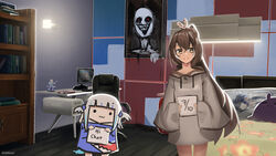  2girls 3d_background advarcher bare_legs bed bed_sheet book bookshelf brown_eyes brown_hair chair computer dakimakura_(object) desk feather_hair_ornament feathers fins fish_tail gawr_gura gawr_gura_(1st_costume) grey_hair hair_ornament highres holding holding_sign hololive hololive_english hood hoodie light long_hair looking_at_viewer multicolored_hair multiple_girls nanashi_mumei nanashi_mumei&#039;s_horror_painting nightmare_(nanashi_mumei) office_chair ouro_kronii oversized_clothes pillow ponytail shark_tail short_twintails sign smile smol_gura streaked_hair stream stuffed_toy swivel_chair tail takodachi_(ninomae_ina&#039;nis) twintails very_long_hair virtual_youtuber wooden_floor 