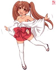  absurdres alternate_costume artist_logo brown_eyes brown_hair commentary_request cosplay dated female full_body hair_ribbon hakama hakama_short_skirt hakama_skirt highres hip_vent japanese_clothes kanon_(kurogane_knights) kantai_collection kimono libeccio_(kancolle) long_hair looking_at_viewer miko oerba_yun_fang off_shoulder red_hakama ribbon saki_(manga) sandals simple_background skirt solo standing standing_on_one_leg tan thighhighs twintails usuzumi_hatsumi usuzumi_hatsumi_(cosplay) white_background white_thighhighs zouri 