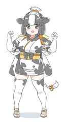  :d adapted_costume animal_ears animal_print bell black_hair blush bow commentary cow_ears cow_girl cow_print cow_tail extra_ears female full_body hair_bun hairbow highres holstein_friesian_cattle_(kemono_friends) japanese_clothes kemono_friends kimono mitsumoto_jouji multicolored_hair open_mouth orange_bow plump print_kimono print_thighhighs short_hair short_kimono single_hair_bun smile solo tail tail_bell tail_bow tail_ornament thighhighs tied_sleeves two-tone_hair white_footwear white_hair zettai_ryouiki 