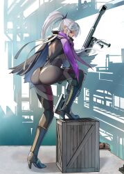  ammo21204760 anti-materiel_rifle ass bipod bolt_action commentary_request dark-skinned_female dark_skin female full_body girls&#039;_frontline girls&#039;_frontline_2:_exilium gun high_heels long_hair looking_at_viewer nemesis_(girls&#039;_frontline_2) ponytail purple_eyes rifle sig_san_511 sniper_rifle solo weapon wooden_box 