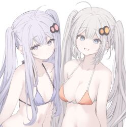  2girls :d ahoge bare_arms bare_shoulders bikini blue_eyes breasts cleavage closed_mouth collarbone dawa_(wasa500) grey_hair hair_ornament highres kizuna_akari large_breasts long_hair multiple_girls navel orange_bikini purple_bikini purple_eyes purple_hair sidelocks simple_background smile swimsuit twintails upper_body very_long_hair vocaloid voiceroid white_background yuzuki_yukari 