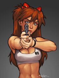  1girls aiming aiming_at_viewer asuka_langley_sohryu blanclauz bra breasts cleavage earrings female female_only finger_on_trigger fingernails firearm fully_clothed gun handgun holding_weapon interface_headset long_hair medium_breasts midriff neon_genesis_evangelion orange_hair pistol solo sports_bra toned toned_female upper_body weapon white_sports_bra 