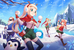  1boy 3girls alternate_costume alternate_hairstyle ambitious_elf_jinx annie_(league_of_legends) antlers argyle_clothes argyle_legwear bard_(league_of_legends) bare_shoulders bird black_legwear blonde_hair blue_hair boots braid capelet christmas commentary_request day diagonal_stripes earmuffs elbow_gloves fish fur_trim gloves gradient_hair green_shorts green_skirt grin hair_bun hat highres horns jinx_(league_of_legends) kezi league_of_legends long_hair looking_at_another mountain multicolored_hair multiple_girls outdoors pantyhose penguin red_gloves red_hair reindeer_antlers ribbed_legwear running santa_hat shirt short_hair shorts side_ponytail single_hair_bun skirt sleeveless sleeveless_shirt smile snow snow_day_bard snowball snowball_fight snowing striped stuffed_animal stuffed_toy teddy_bear thighhighs very_long_hair white_gloves zoe_(league_of_legends) 