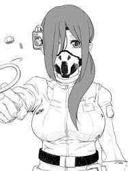  belt breasts buckle commentary_request engineer female greyscale index_finger_raised large_breasts long_sleeves looking_at_viewer mask monochrome nut_(hardware) sasaki_(sidonia_no_kishi) sidonia_no_kishi simple_background solo virtues white_background 