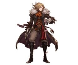  1boy belt blonde_hair blue_eyes boots card coat full_body fur_trim gloves granblue_fantasy gun long_hair male_focus minaba_hideo official_art richard_(granblue_fantasy) solo transparent_background weapon 