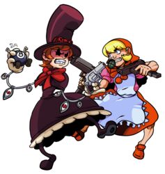  2girls apron basket binarypen blonde_hair blue_eyes bomb bulleta crossover dress dual_wielding explosive extra_eyes eye_socket full_body george_the_bomb gloves grenade gun handgun hat holding hood mechanical_arms mouth_hold multiple_girls oerba_yun_fang orange_hair peacock_(skullgirls) red_eyes revolver sharp_teeth short_hair skullgirls submachine_gun teeth top_hat transparent_background uzi vampire_(game) weapon 