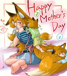  5girls absurdres animal_ears apron baby bad_feet barefoot belt blue_shirt blue_shorts brown_eyes brown_hair closed_eyes closed_mouth commentary_request doitsuken eighth_note fox_ears fox_tail green_shirt heart highres hug kissing lap_pillow layered_sleeves long_sleeves mole mole_under_eye mother&#039;s_day mother_and_child multiple_girls musical_note original shirt short_hair short_over_long_sleeves short_sleeves shorts sitting sleeping slit_pupils smile speech_bubble spoken_heart spoken_musical_note spoken_zzz striped_clothes striped_shirt tail tail_pillow yellow_shorts zzz 