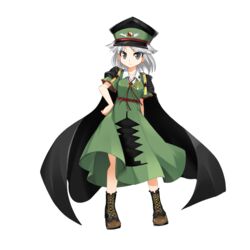  anmita_(rarutos) bad_id bad_twitter_id breasts cape check_commentary commentary_request female fujiwara_no_shirogane_no_sanra full_body genderswap_(otf) grey_eyes hat len&#039;en medium_breasts military military_hat military_uniform peaked_cap rule_63 short_hair smile solo tachi-e transparent_background uniform white_hair 