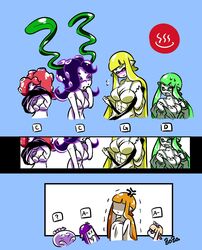  6+girls abs anger_vein artist_name blonde_hair blunt_bangs blush bra breast_envy breasts bust_chart candy_(zoza) closed_eyes commentary_request crazy_(zoza) faceless faceless_female flying_sweatdrops frightening_(zoza) green_eyes green_hair highres hood hoodie inkling inkling_girl inkling_player_character japanese_clothes jellyfish_(splatoon) logo lollipop_(zoza) long_hair looking_at_another maid_headdress multiple_girls octoling octoling_player_character onsen open_mouth orange_hair pancake_(zoza) parted_lips partially_colored pointy_ears pretty_(zoza) pudding_(zoza) purple_eyes purple_hair red_hair same-sex_bathing seaweed shared_bathing signature splatoon_(series) splatoon_1 sweatdrop tentacle_hair trembling underwear undressing waffle_(zoza) white_hair zoza 