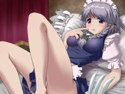  bare_legs barefoot bed bed_sheet blue_eyes blush braid breasts commentary_request curtains feet_out_of_frame female finger_to_mouth grey_hair highres izayoi_sakuya knife legs long_legs lying maid maid_headdress medium_breasts on_back on_bed panties pantyshot photoshop_(medium) pillow short_hair solo thighs touhou twin_braids underwear white_panties you_naka 