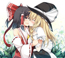  2girls arm_grab black_hair blonde_hair blush bow braid commentary_request detached_sleeves flower hair_tubes hairbow hakurei_reimu hat imminent_kiss kirisame_marisa long_hair masa_(miyabitei) multiple_girls single_braid smile touhou witch_hat yuri 