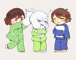  5:4 anthro asriel_dreemurr blush bodily_fluids boss_monster_(undertale) bovid caprine chara_(undertale) clothed clothing conditional_dnp crybleat frisk_(undertale) group human long_ears mammal pillow pillow_fight red_eyes simple_background tears undertale undertale_(series) white_background 