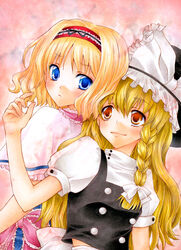  2girls alice_margatroid aoi_yuuka_(ao_no_kokoro) back-to-back blonde_hair blue_eyes bow braid capelet colored_pencil_(medium) commentary_request frown hairband hairbow hands hat kirisame_marisa long_hair looking_back marker_(medium) multiple_girls orange_eyes pastel_(medium) short_hair smile touhou traditional_media witch_hat 