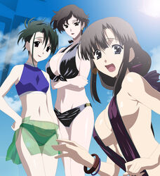  3girls bikini bikinis blue_eyes breasts brown_eyes brown_hair green_hair halterneck highres huge_breasts katsura_manami kiyoura_mai kyoura_mai mature milf multiple_girls red_eyes saionji_youko school_days sky sling_bikini smile stiky_finkaz summer_days swimsuit 